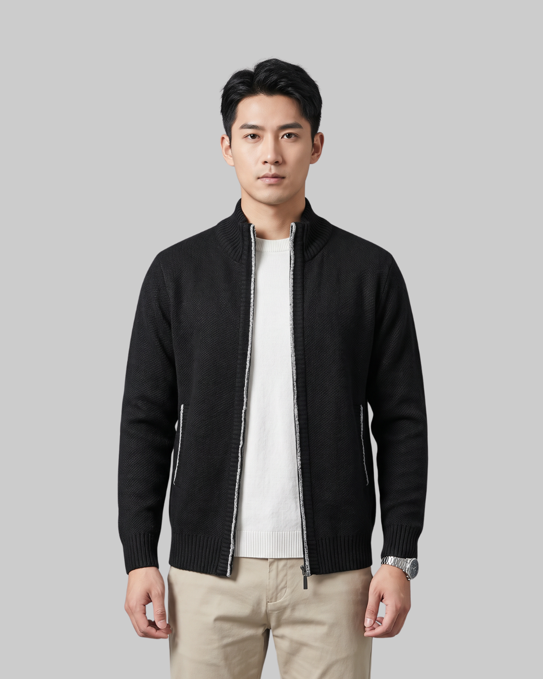 Men's Fine Texture Zip Cardigan in black.
