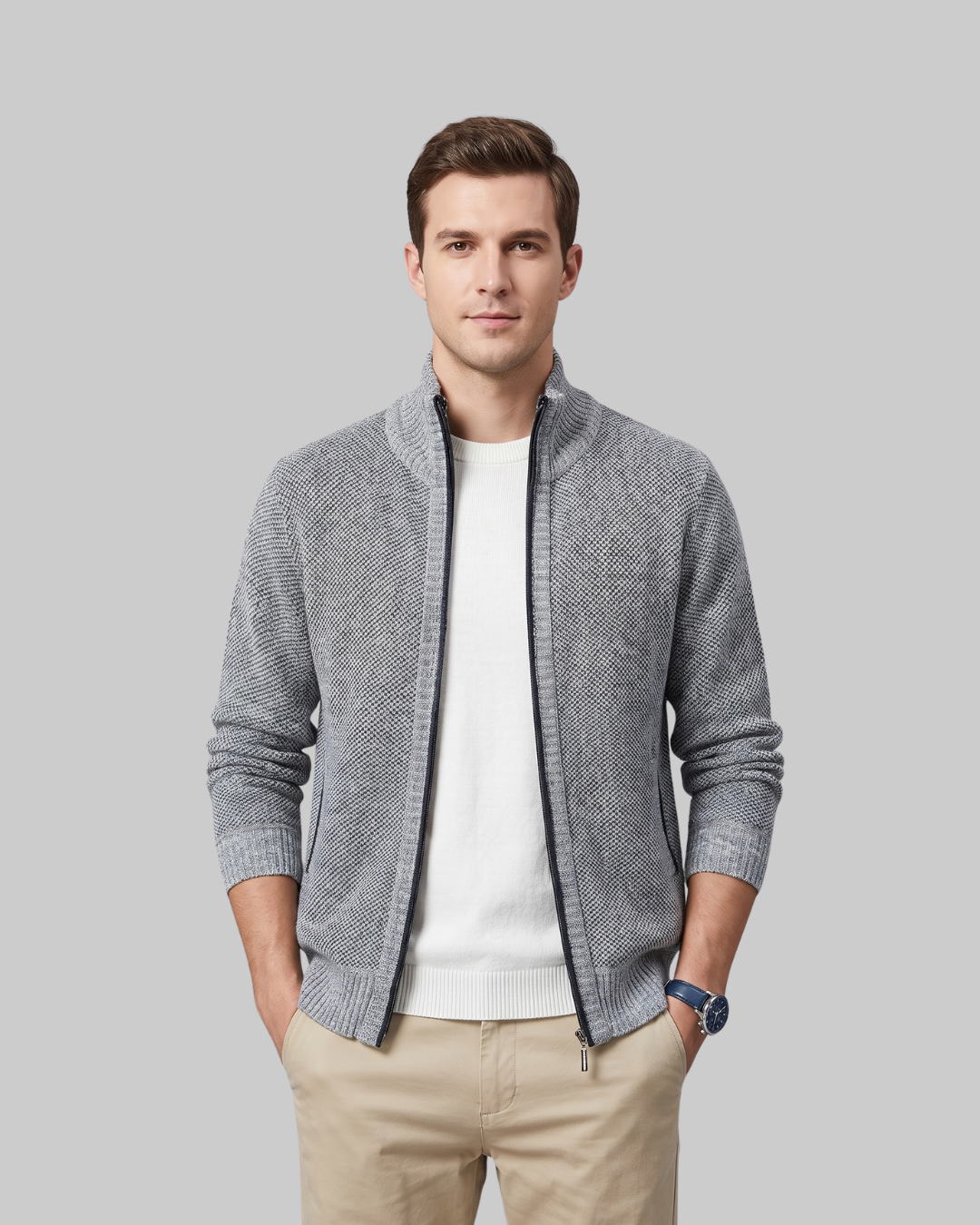 Men's Fine Texture Zip Cardigan in light grey.