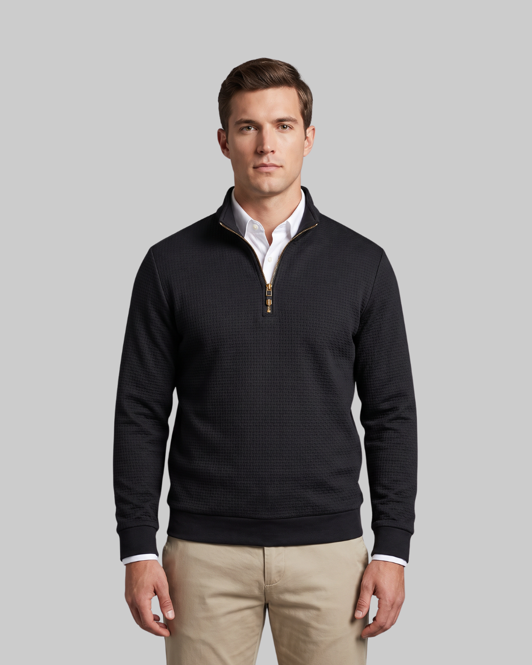 Men's Fine Weave Quarter-Zip Sweater in black.