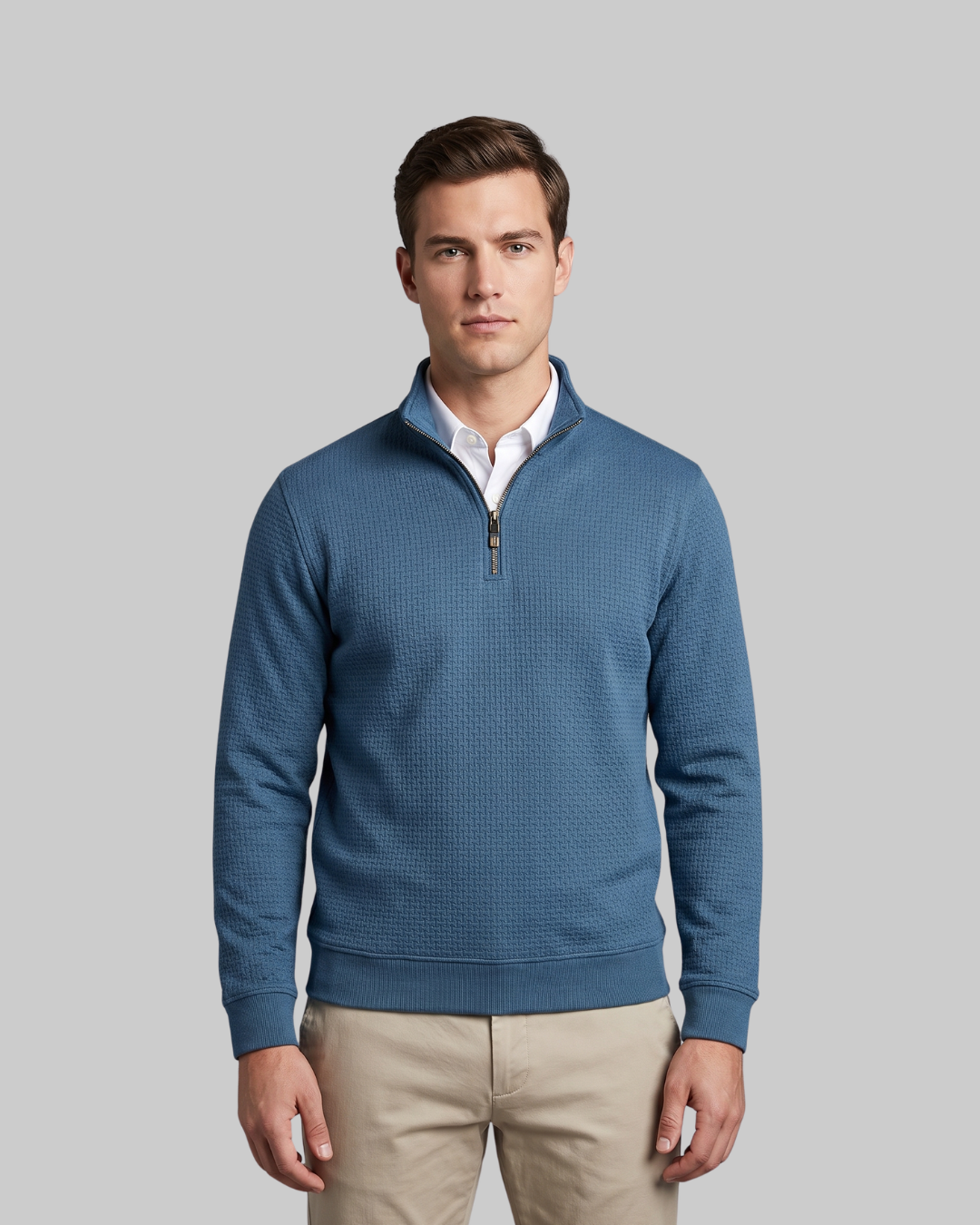 Men's Fine Weave Quarter-Zip Sweater in blue.
