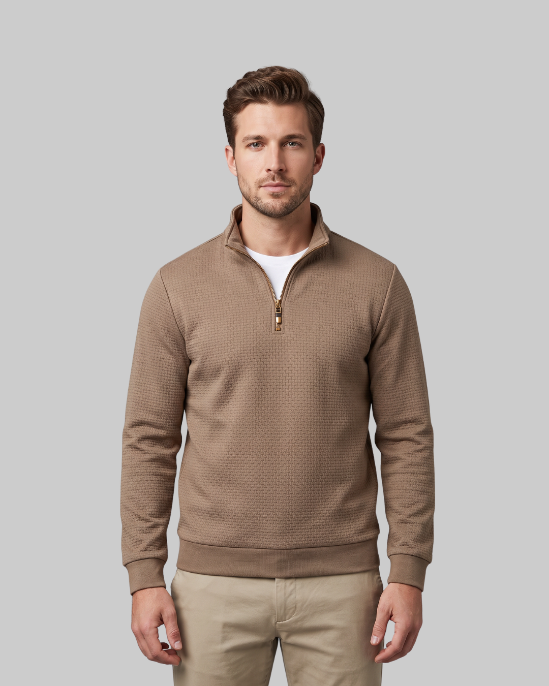 Men's Fine Weave Quarter-Zip Sweater in camel.
