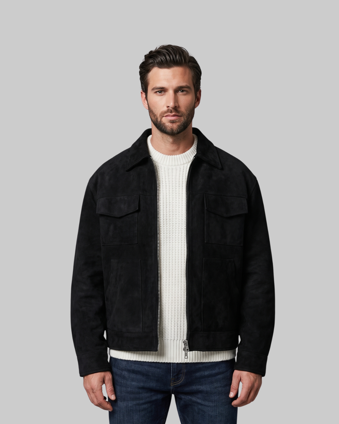 Men's Flap Pocket Bomber Jacket in black.