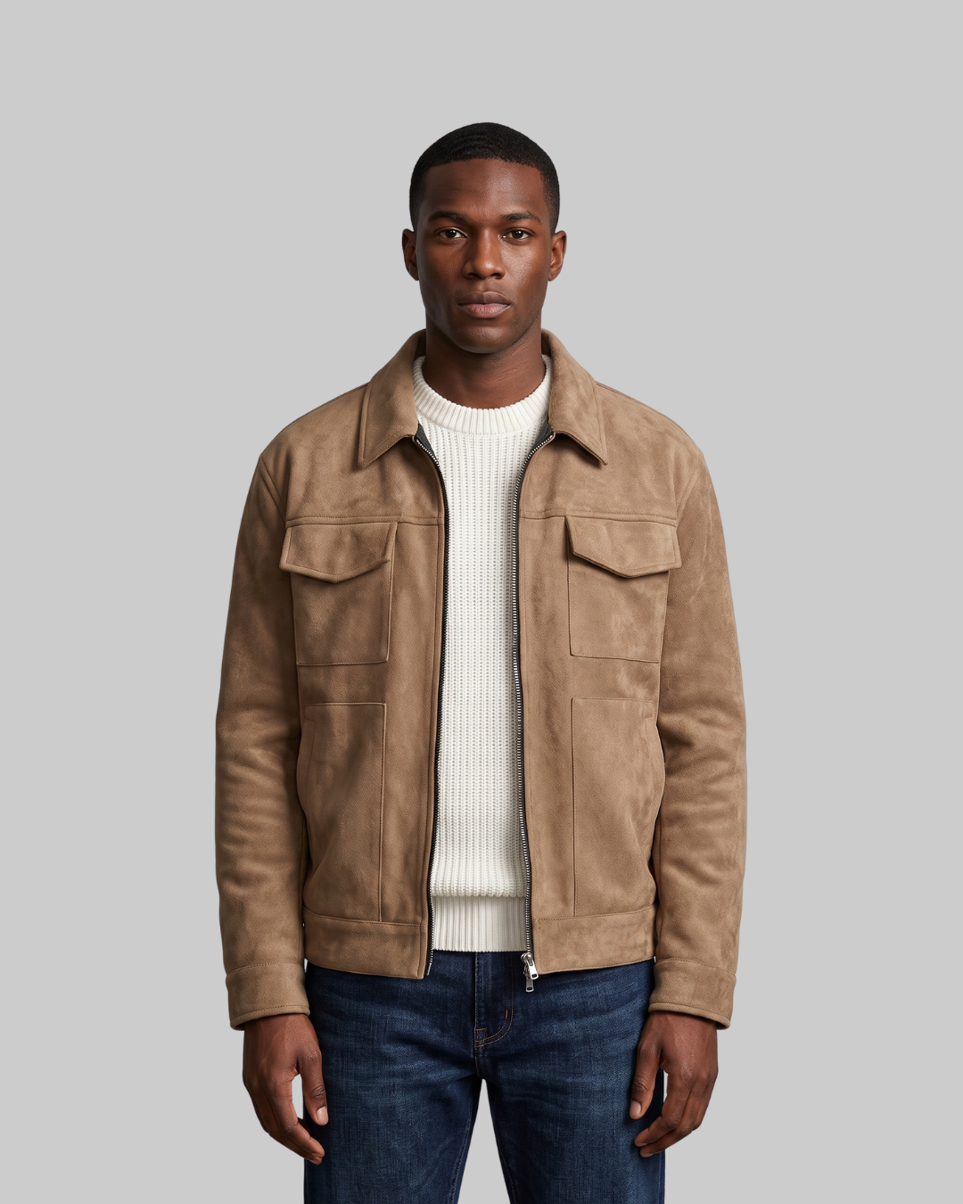 Men's Flap Pocket Bomber Jacket in brown.