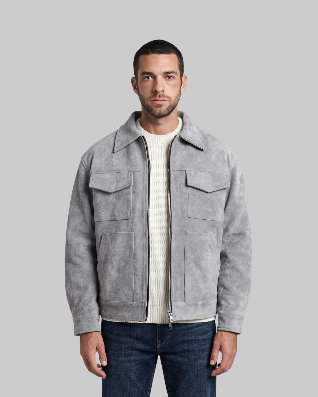 Men's Flap Pocket Bomber Jacket in grey.