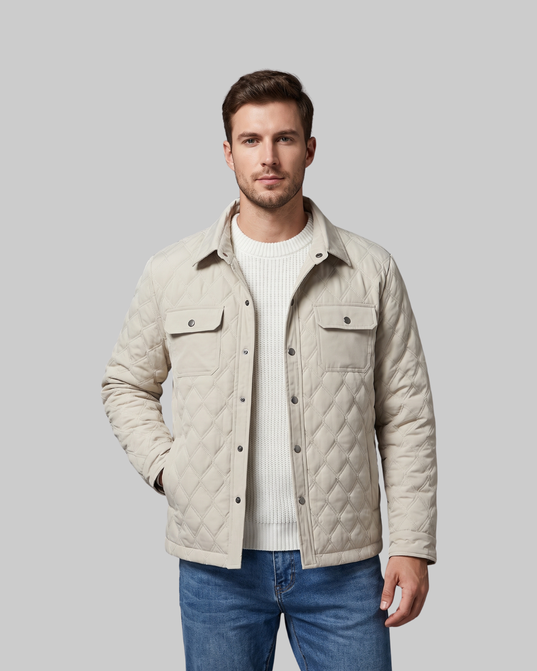 Men's Flap Pocket Quilted Jacket in apricot.