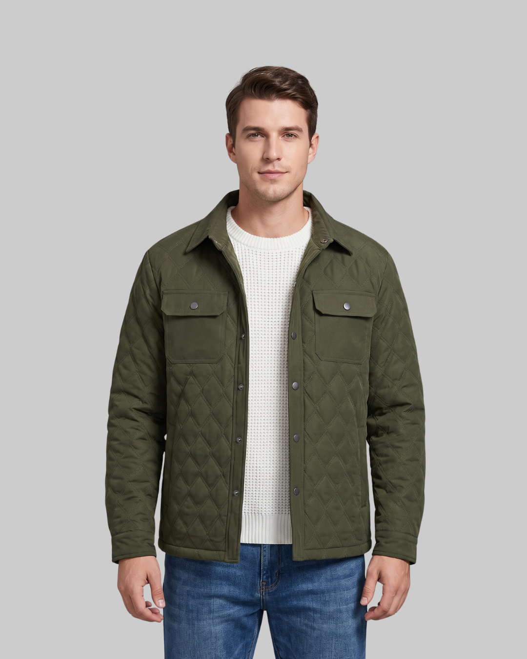Men's Flap Pocket Quilted Jacket in army green.