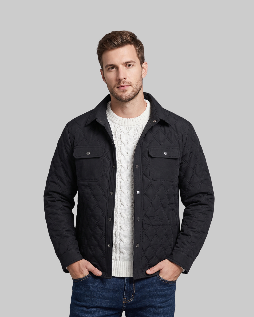 Men's Flap Pocket Quilted Jacket in black.
