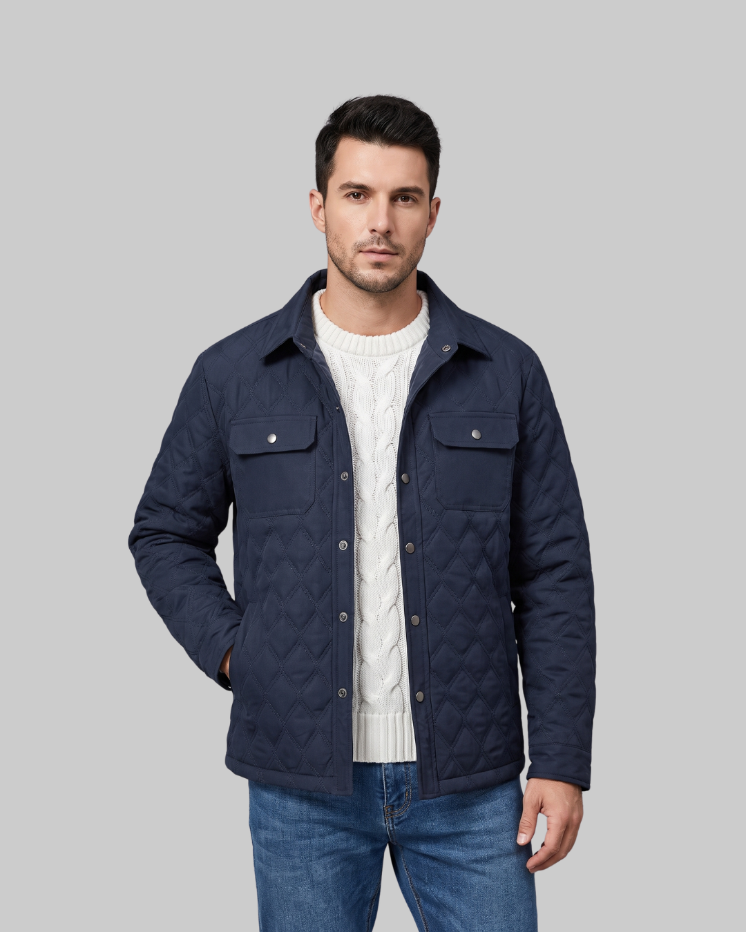 Men's Flap Pocket Quilted Jacket in dark blue.