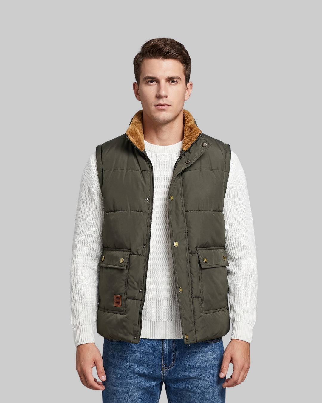 Men's Flap Pocket Quilted Vest in army green.