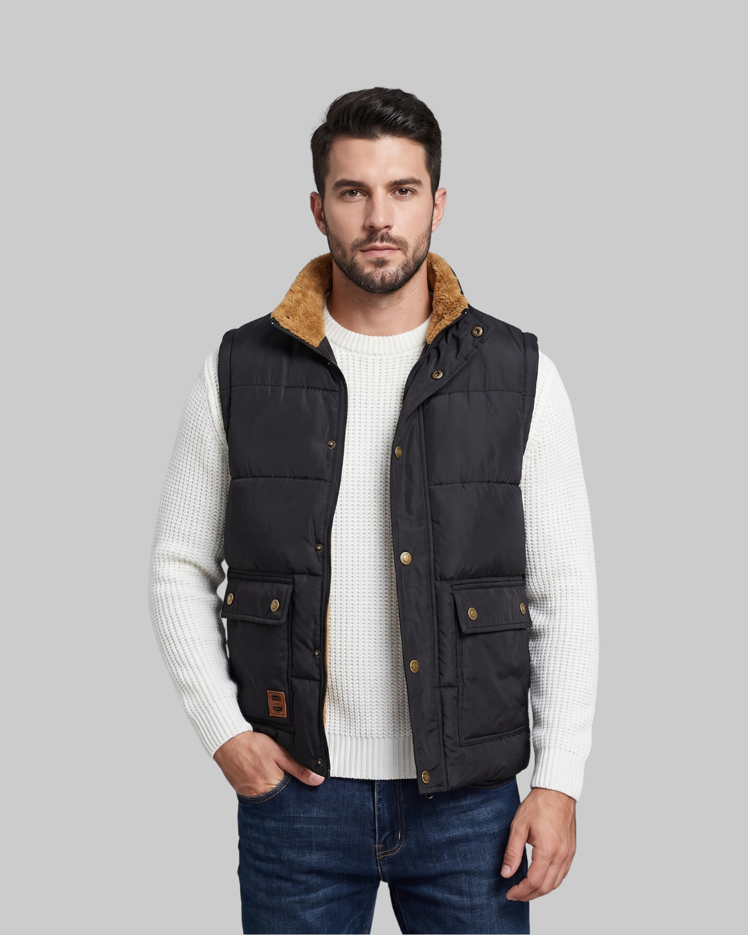 Men's Flap Pocket Quilted Vest in black.