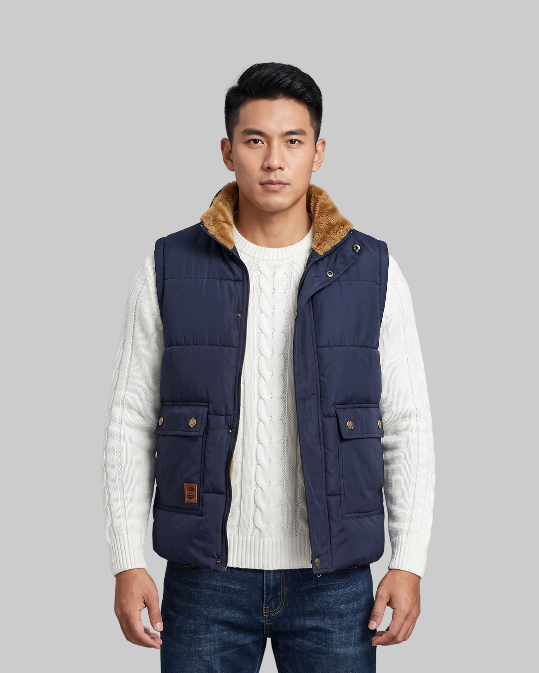Men's Flap Pocket Quilted Vest in navy.
