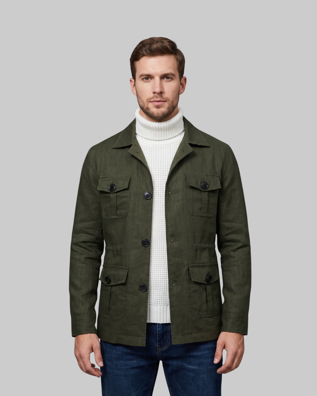 Men's Four-Pocket Field Coat in army green.