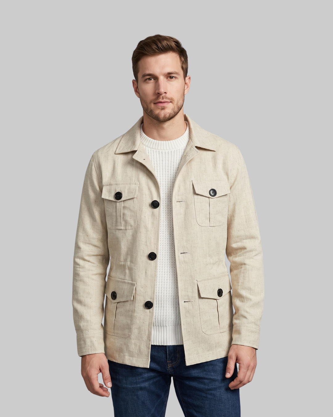 Men's Four-Pocket Field Coat in beige.