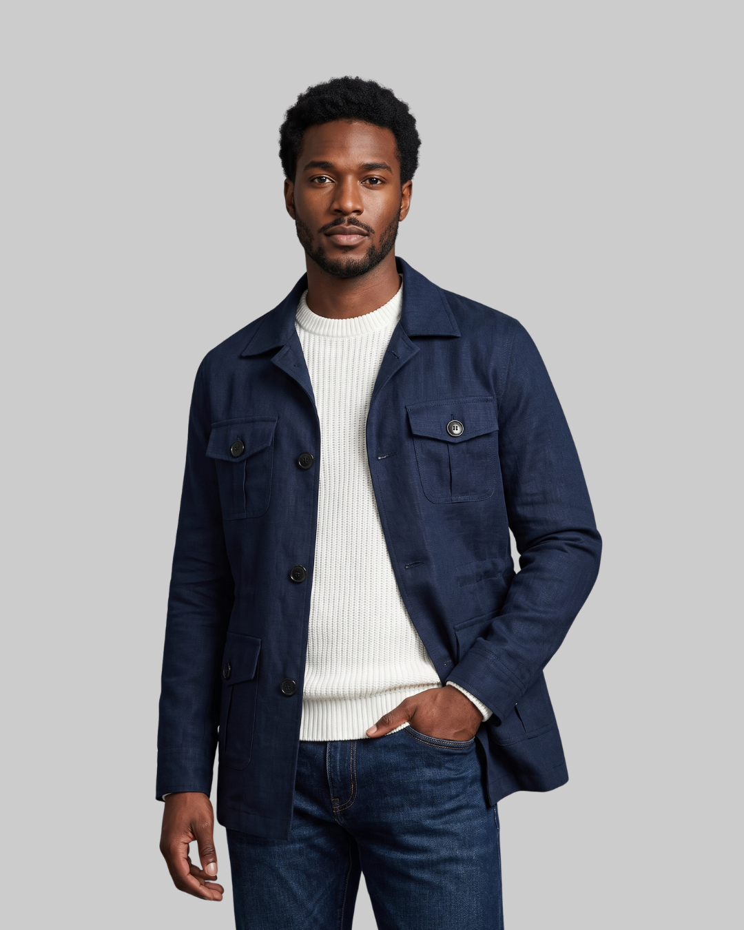 Men's Four-Pocket Field Coat in navy blue.