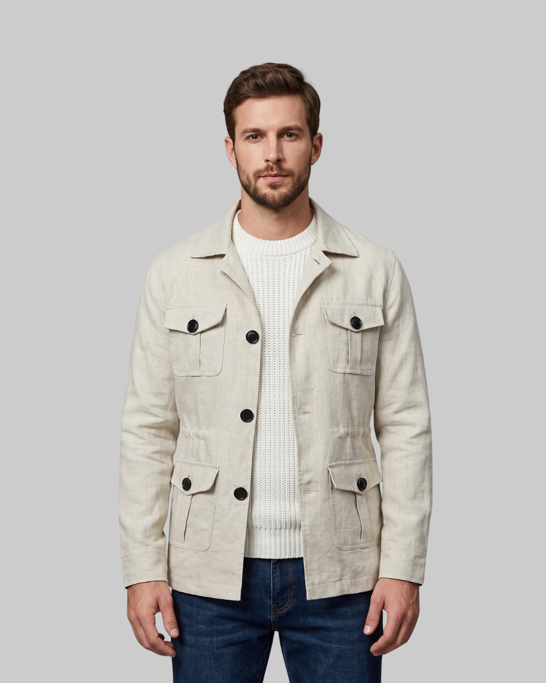 Men's Four-Pocket Field Coat in off white.