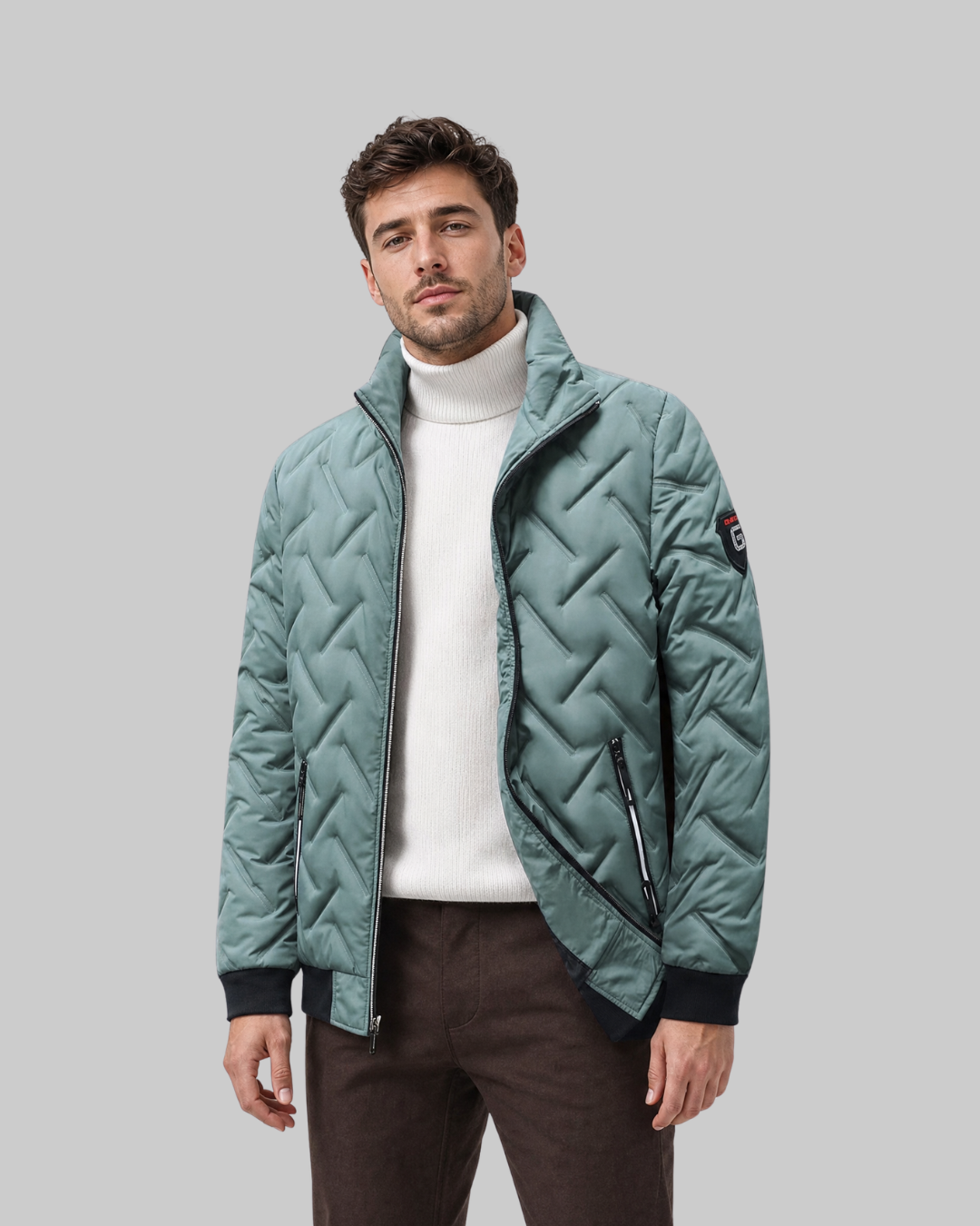 Men's Geometric Quilted Puffer Jacket in green.