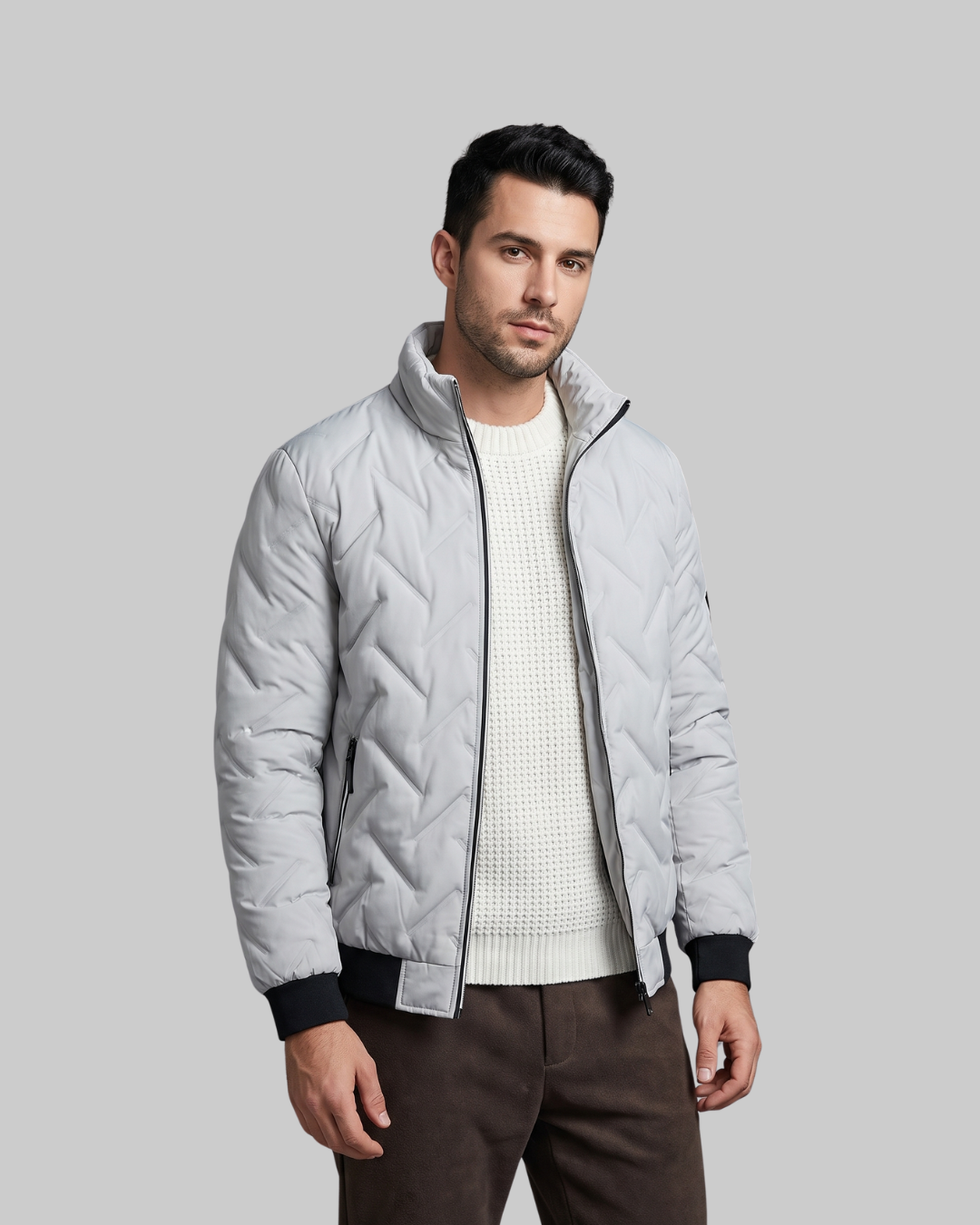 Men's Geometric Quilted Puffer Jacket in grey.