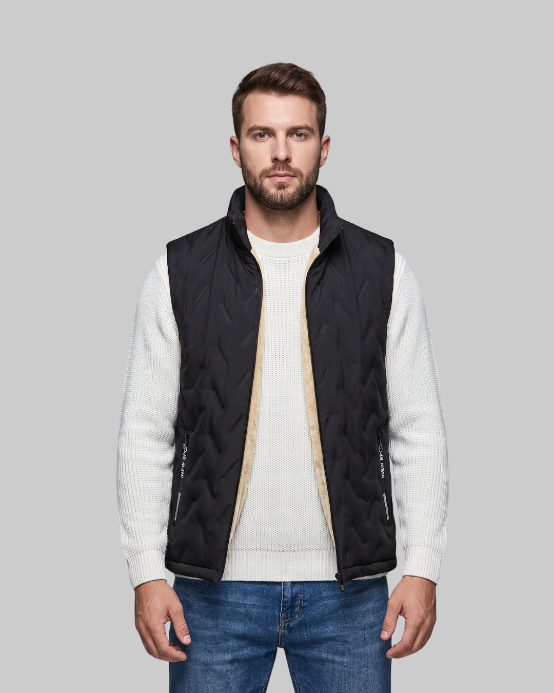 Men's Geometric Quilted Zip Vest in black.