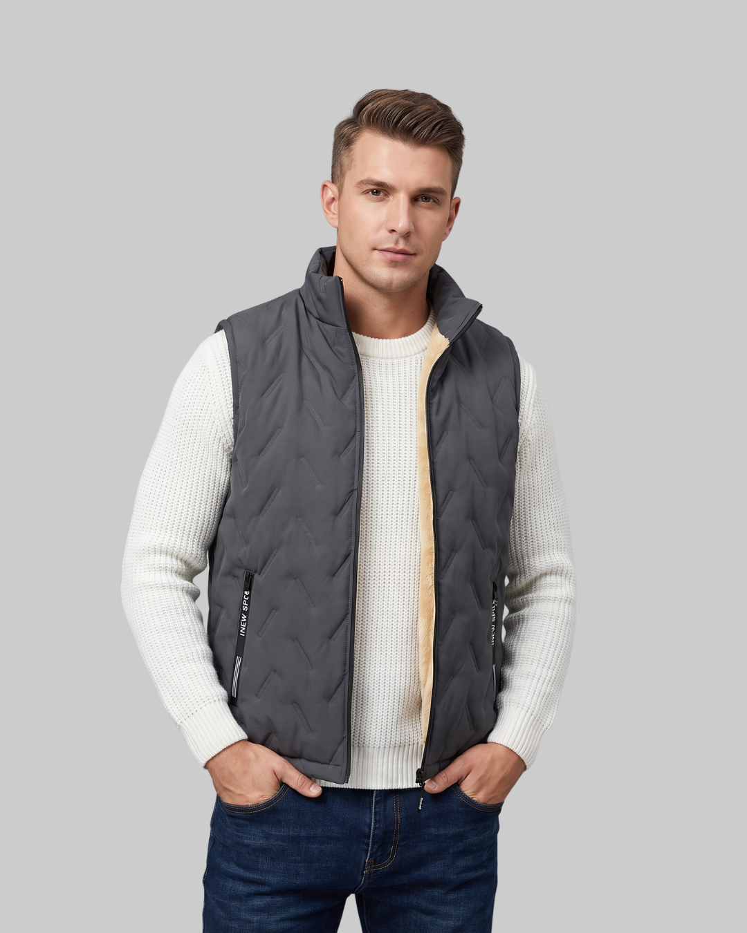 Men's Geometric Quilted Zip Vest in grey.