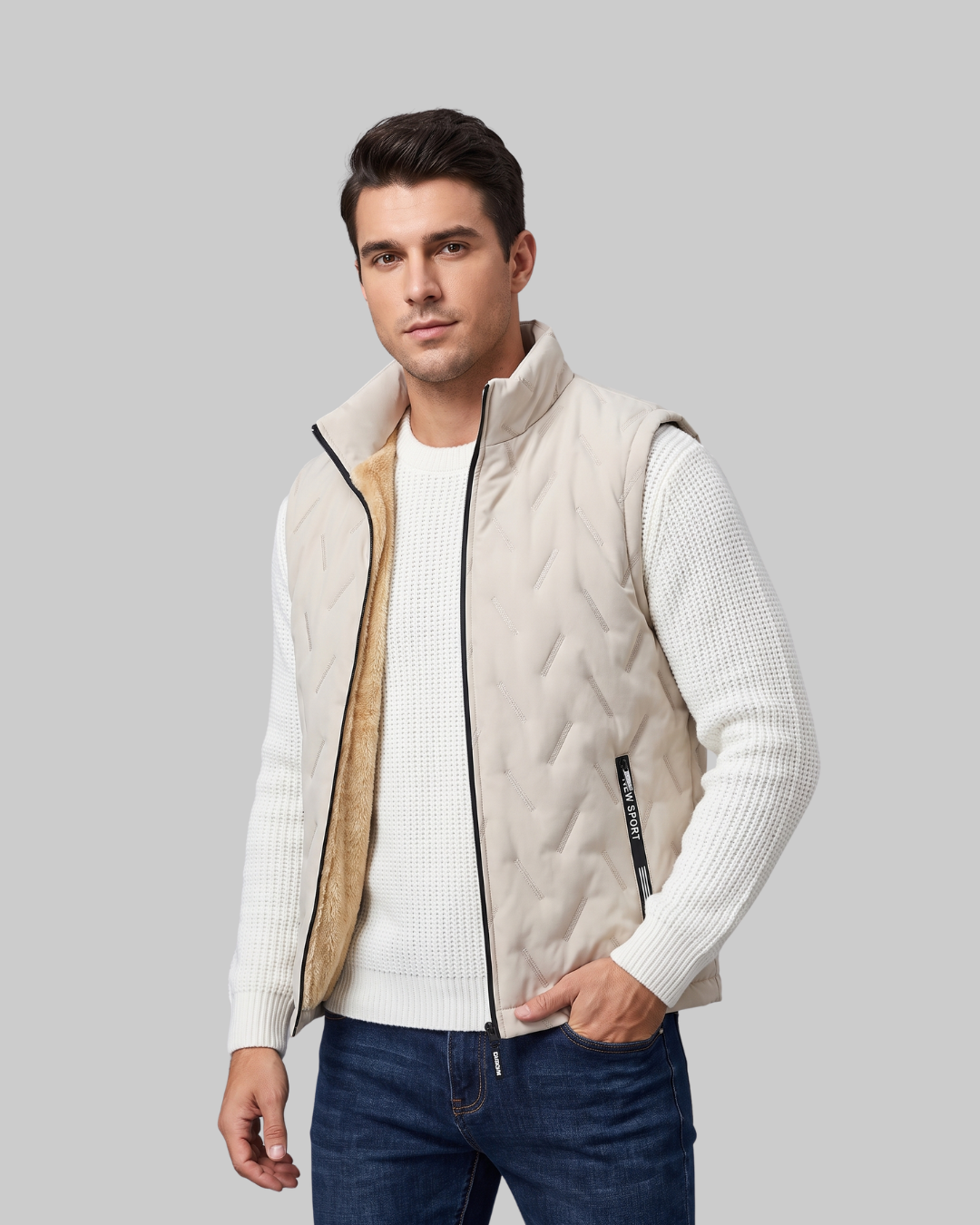 Men's Geometric Quilted Zip Vest in khaki.