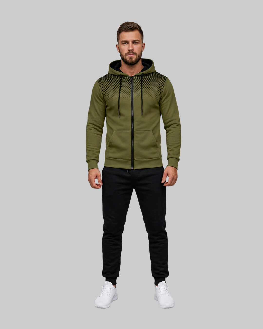Men's Gradient Print Hoodie Tracksuit Set in army green.
