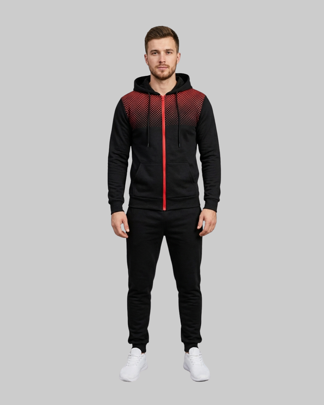 Men's Gradient Print Hoodie Tracksuit Set in black.