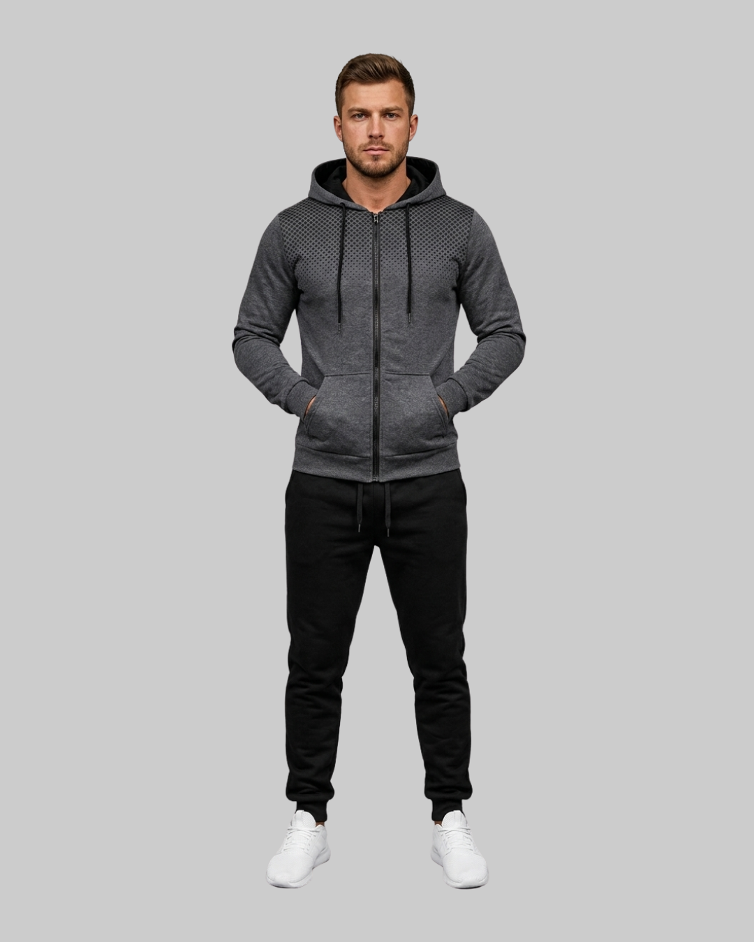Men's Gradient Print Hoodie Tracksuit Set in dark grey.