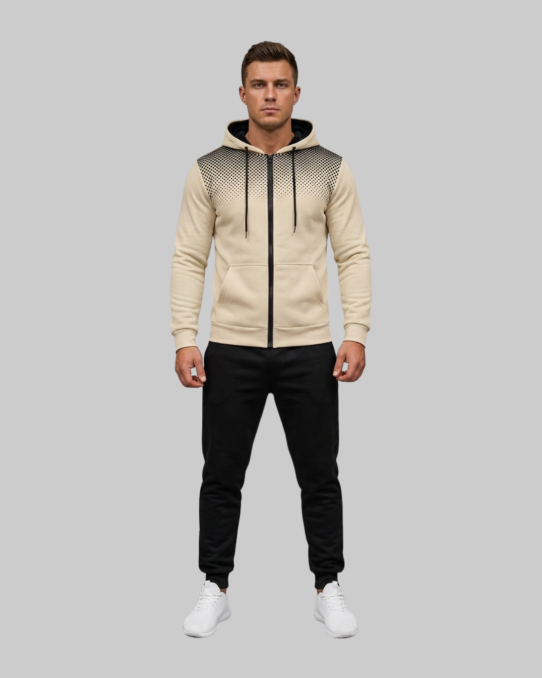 Men's Gradient Print Hoodie Tracksuit Set in khaki.