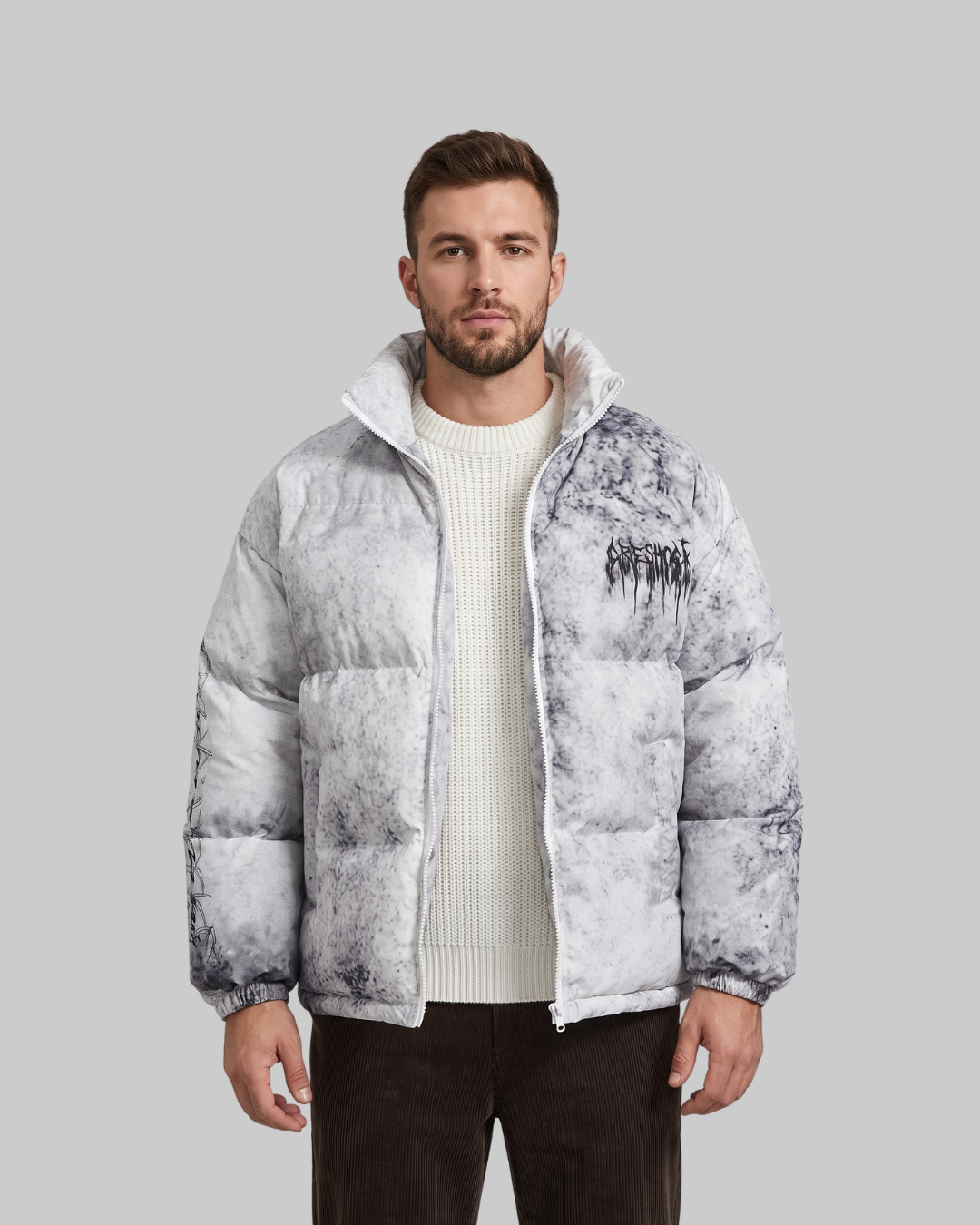 Men's Graphic Puffer Jacket in white.