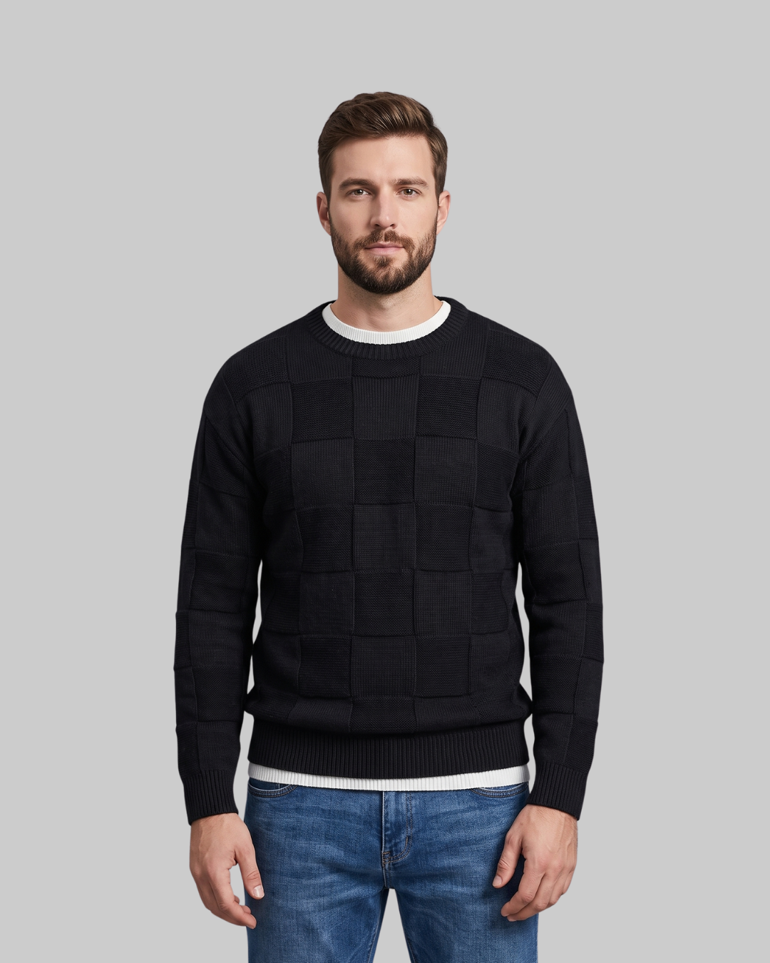 Men's Grid Pattern Crewneck Sweater in black.