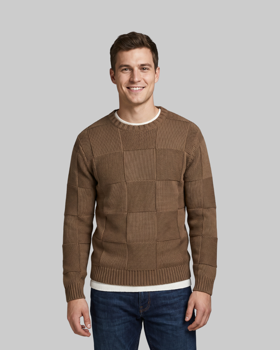 Men's Grid Pattern Crewneck Sweater in dark brown.