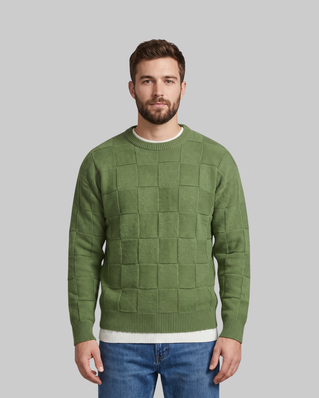 Men's Grid Pattern Crewneck Sweater in green.