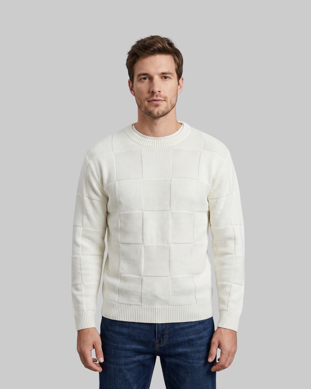 Men's Grid Pattern Crewneck Sweater in white.