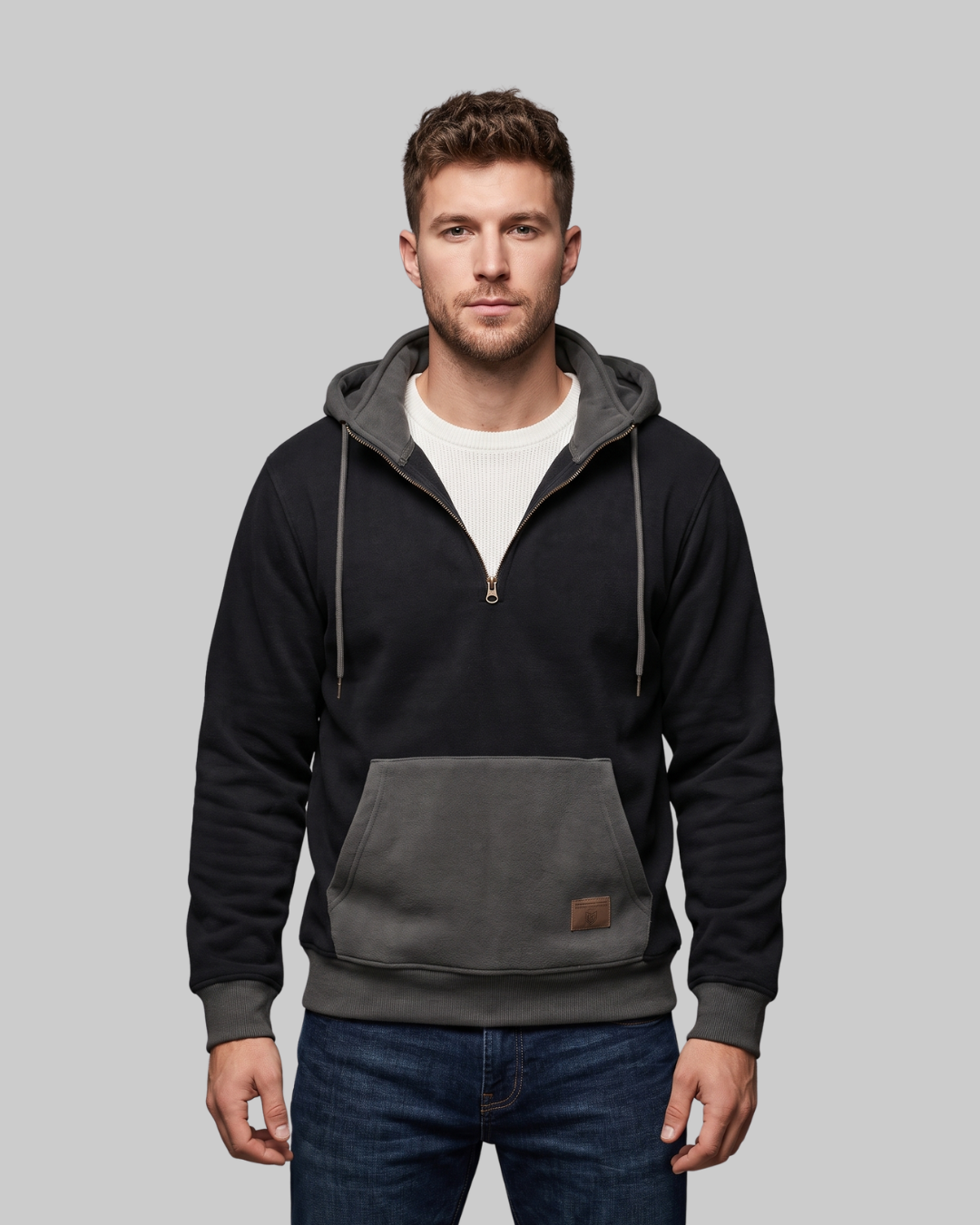 Men's Half Zip Contrast Hoodie in black.