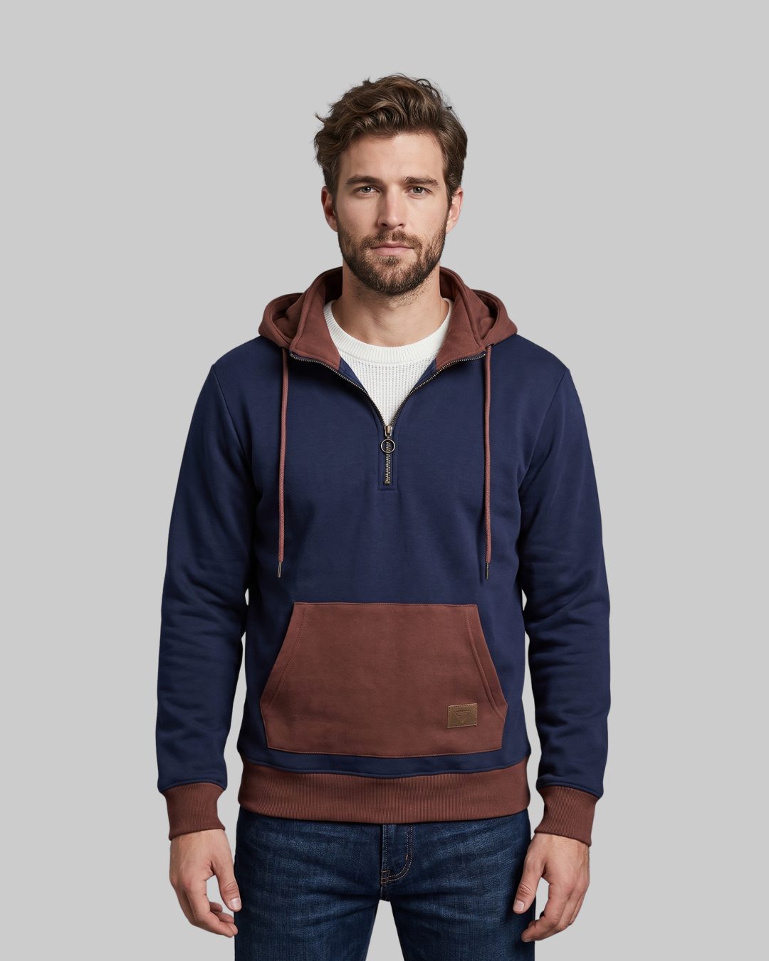 Men's Half Zip Contrast Hoodie in blue brown.