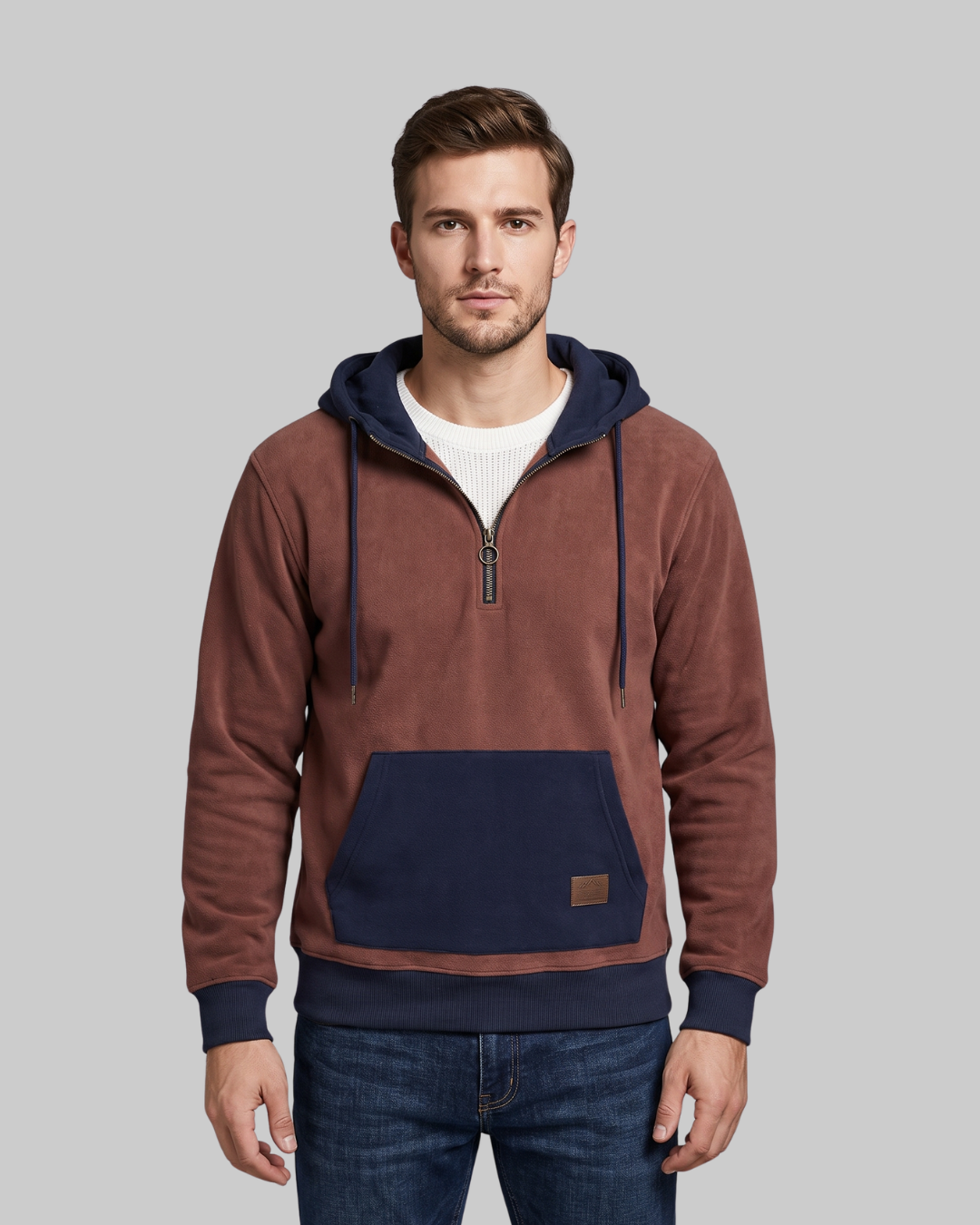 Men's Half Zip Contrast Hoodie brown blue.