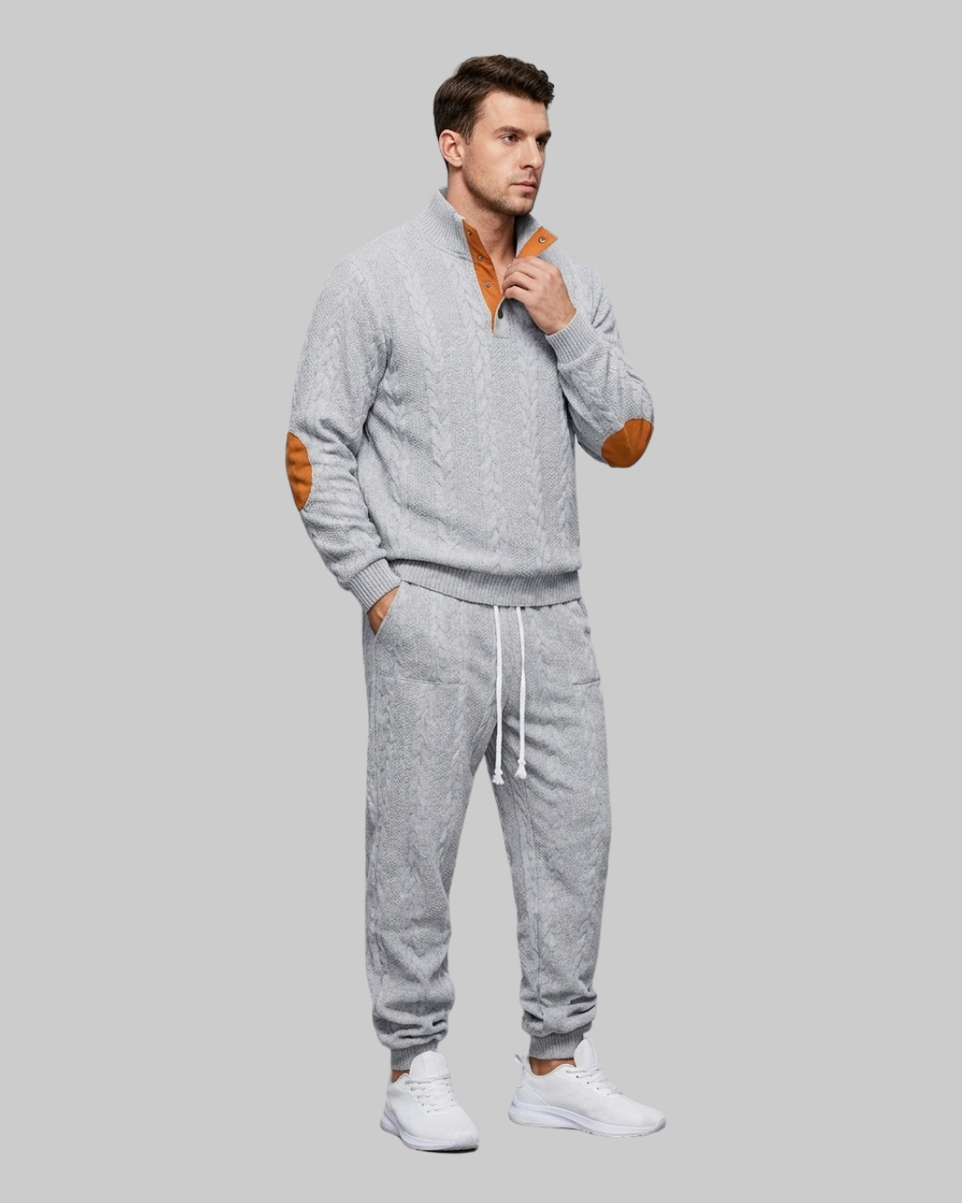 Men's Henley Lounge Tracksuit Set in Light Grey