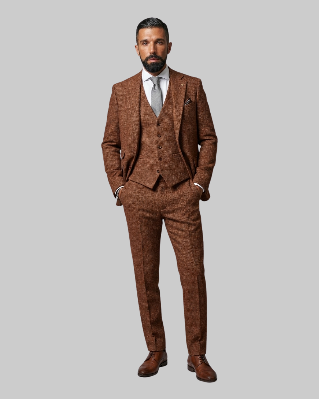 Men's Herringbone 3 Piece Suit in Brown