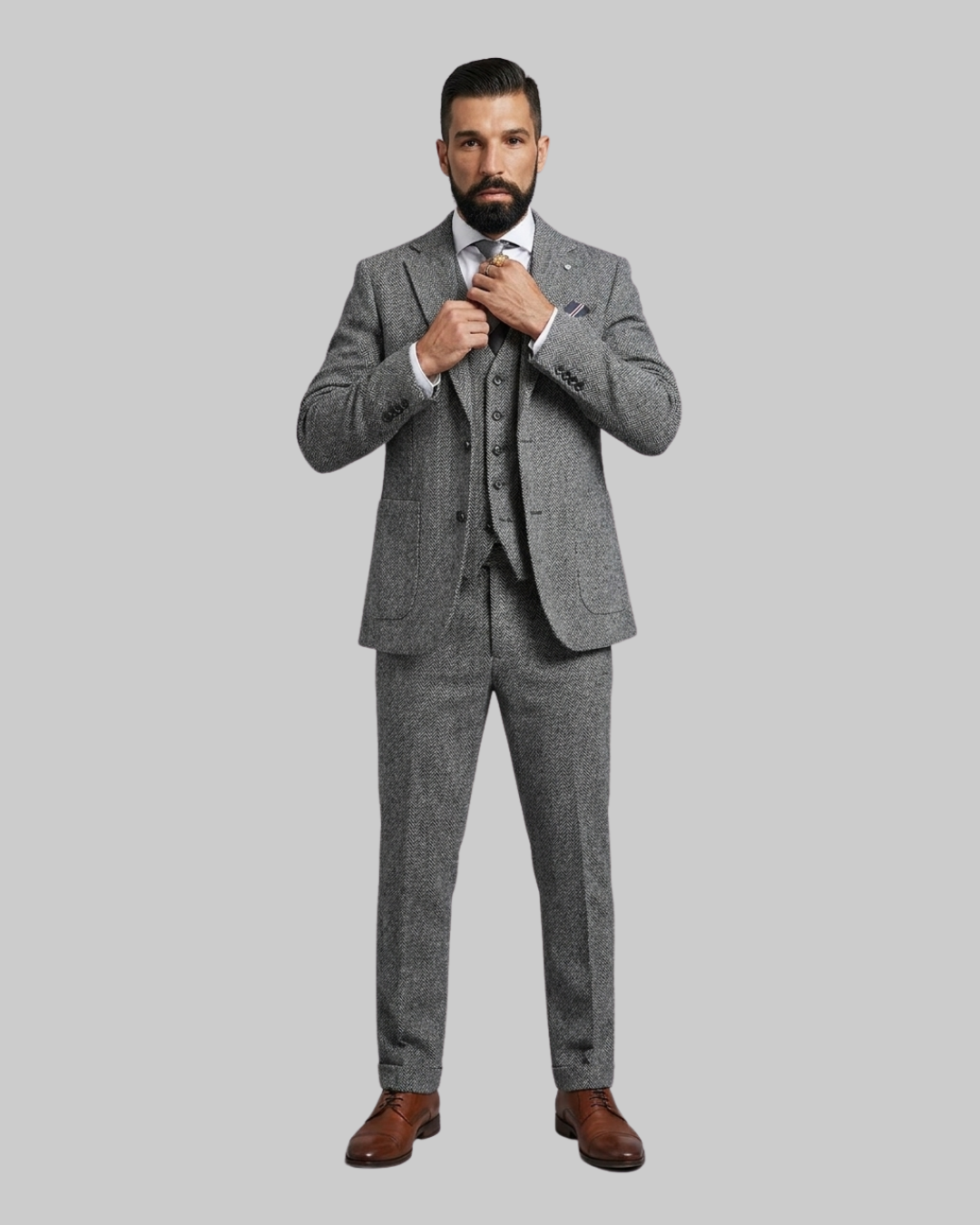 Men's Herringbone 3 Piece Suit in Grey