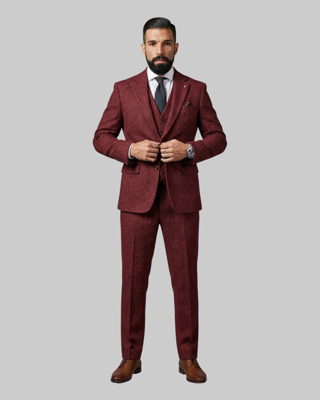 Men's Herringbone 3 Piece Suit in Wine Red