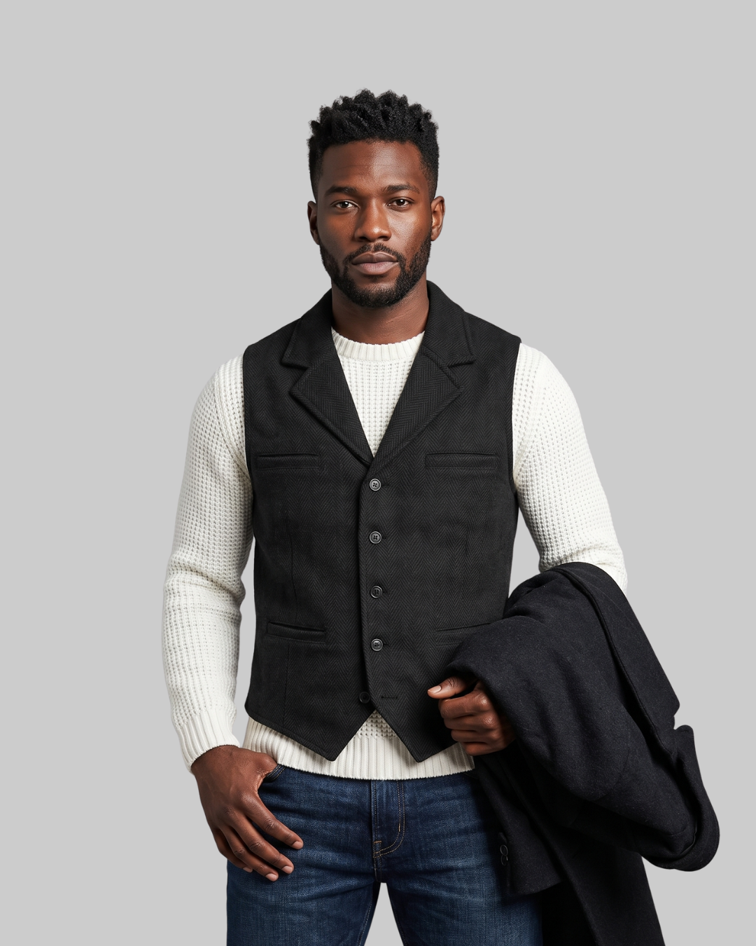 Men's Herringbone Lapel Vest in black.