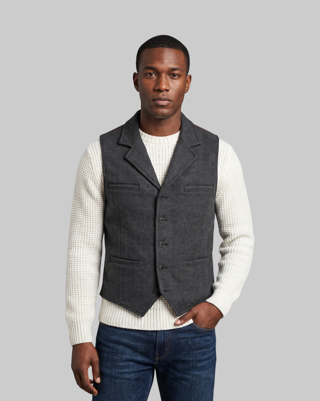 Men's Herringbone Lapel Vest in grey.