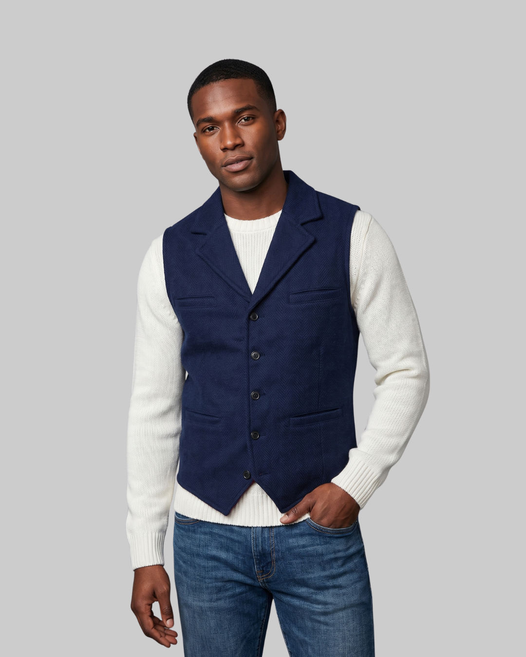 Men's Herringbone Lapel Vest in navy blue.
