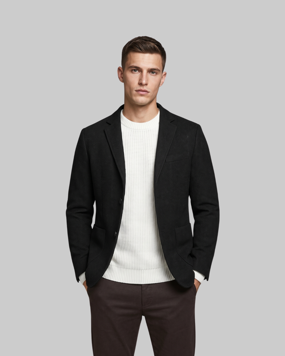 Men's Herringbone Tailored Blazer in black.
