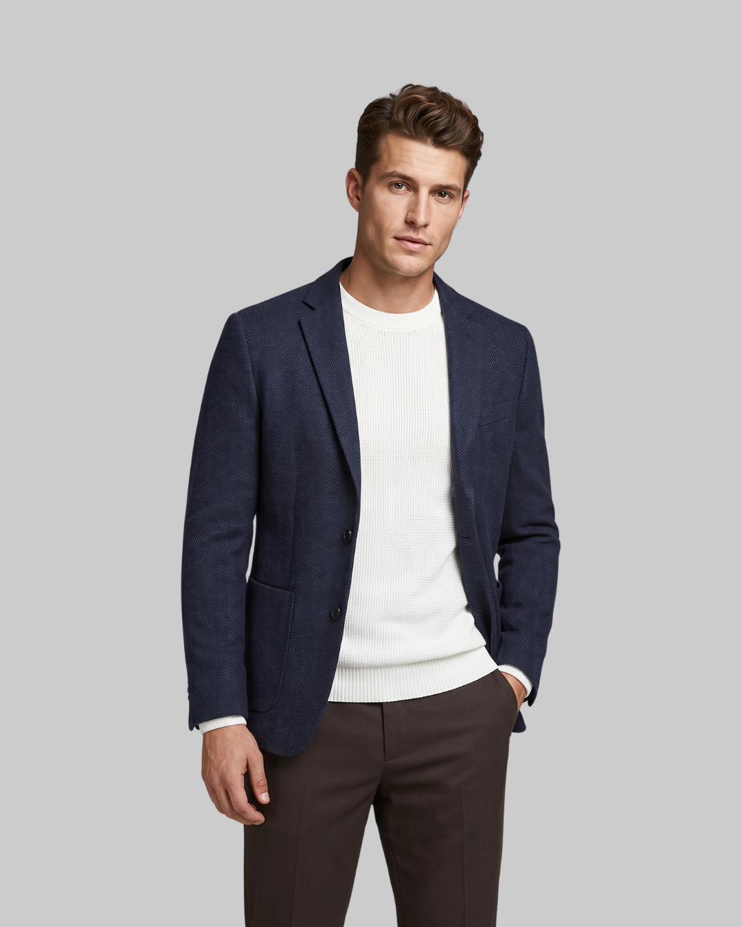 Men's Herringbone Tailored Blazer in dark blue.