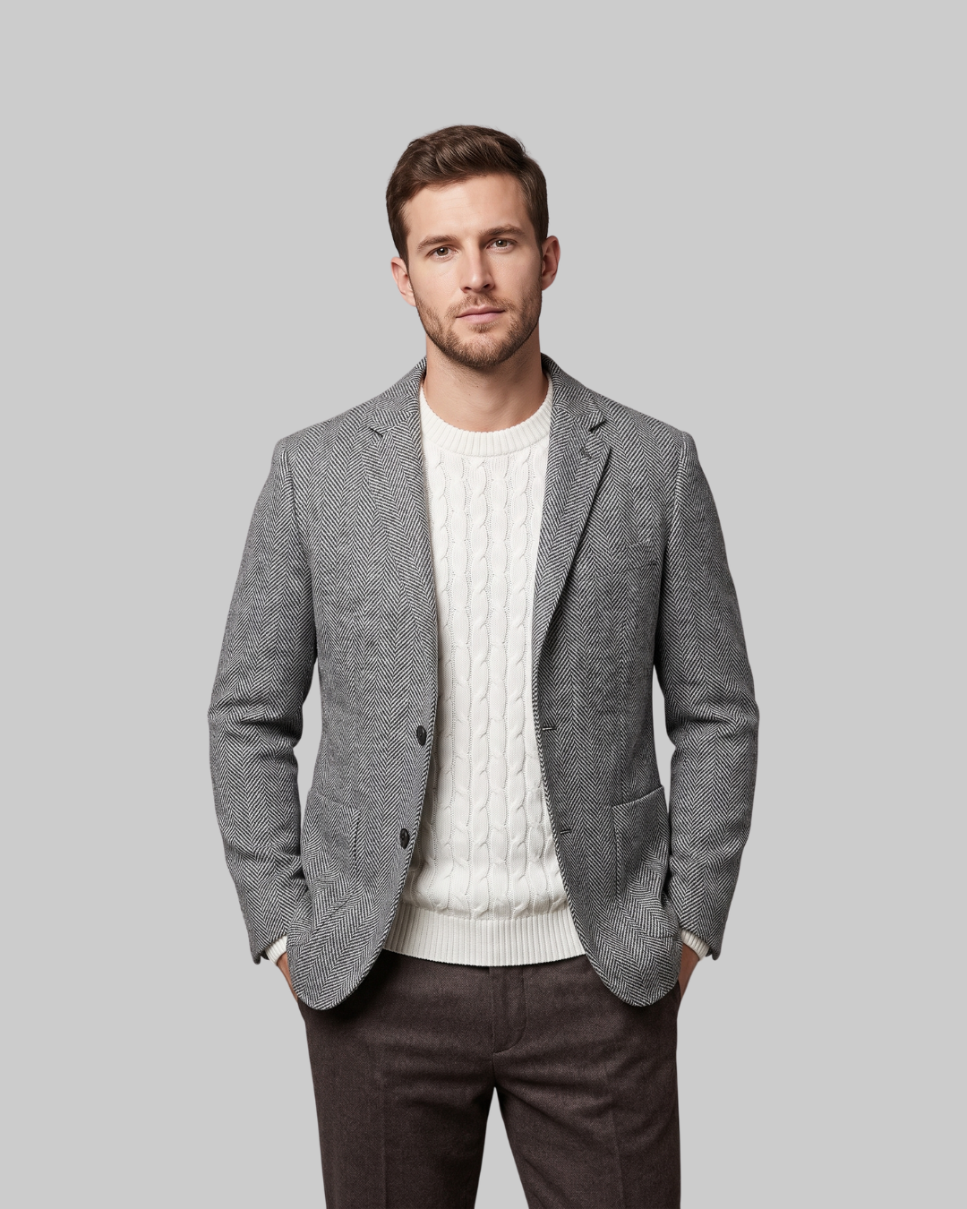 Men's Herringbone Tailored Blazer in grey.