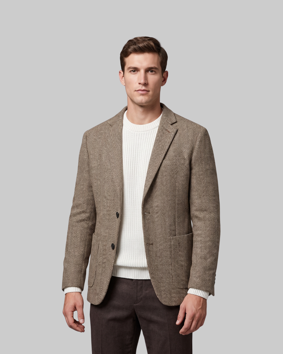 Men's Herringbone Tailored Blazer in khaki.