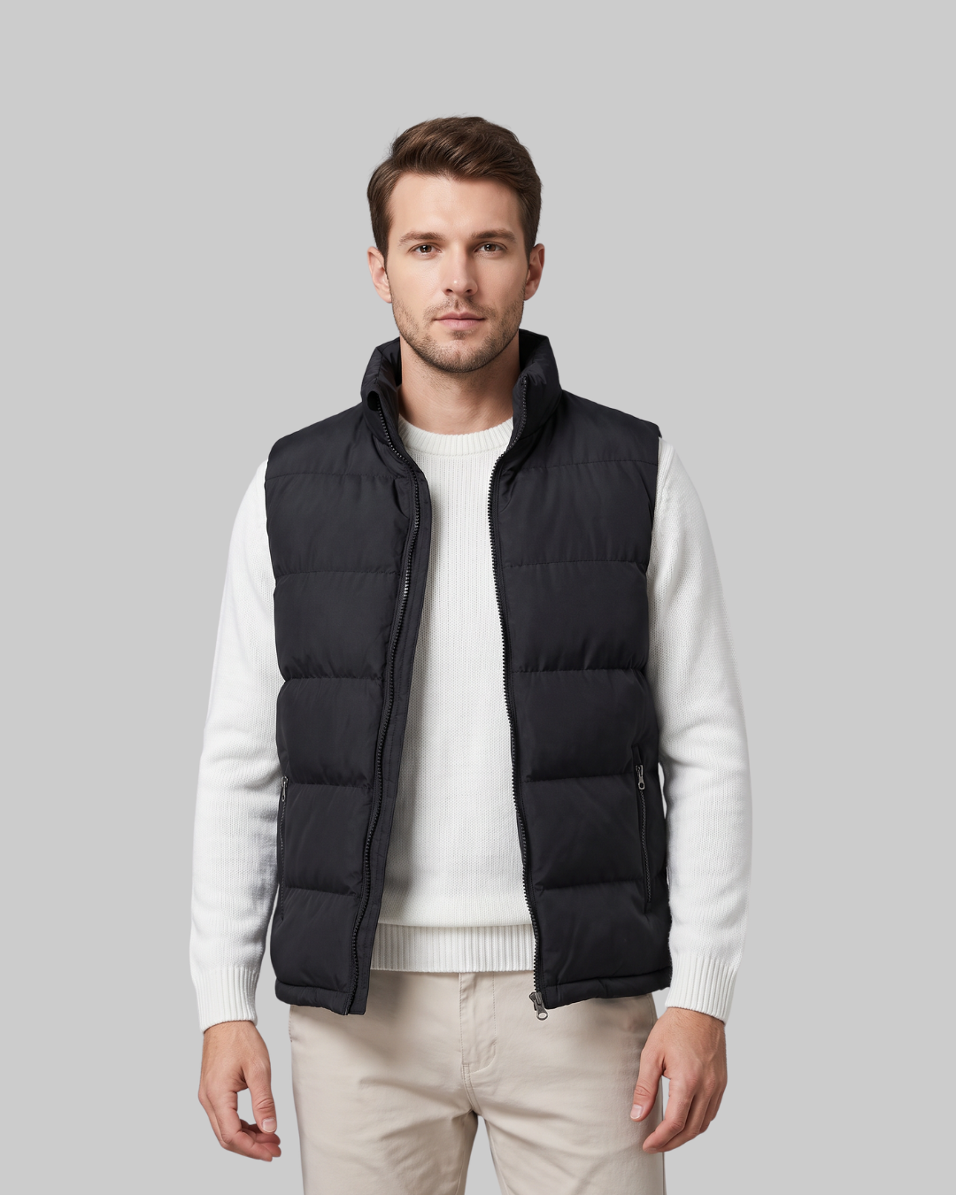 Men's High Neck Quilted Vest in black.