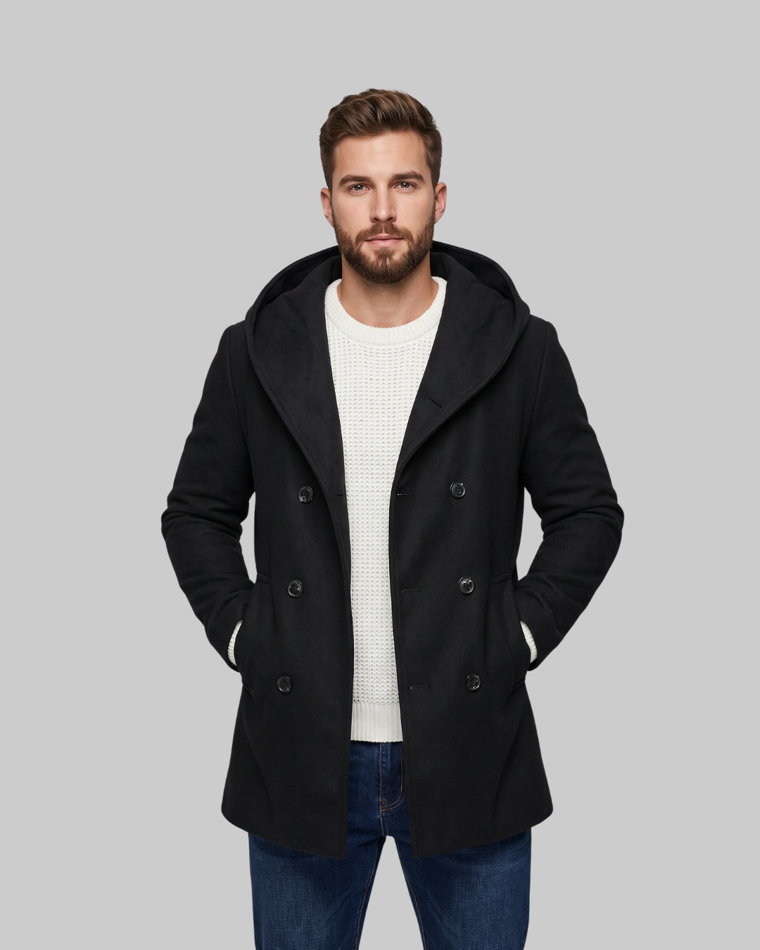 Men's Hooded Double-Breasted Coat in black.