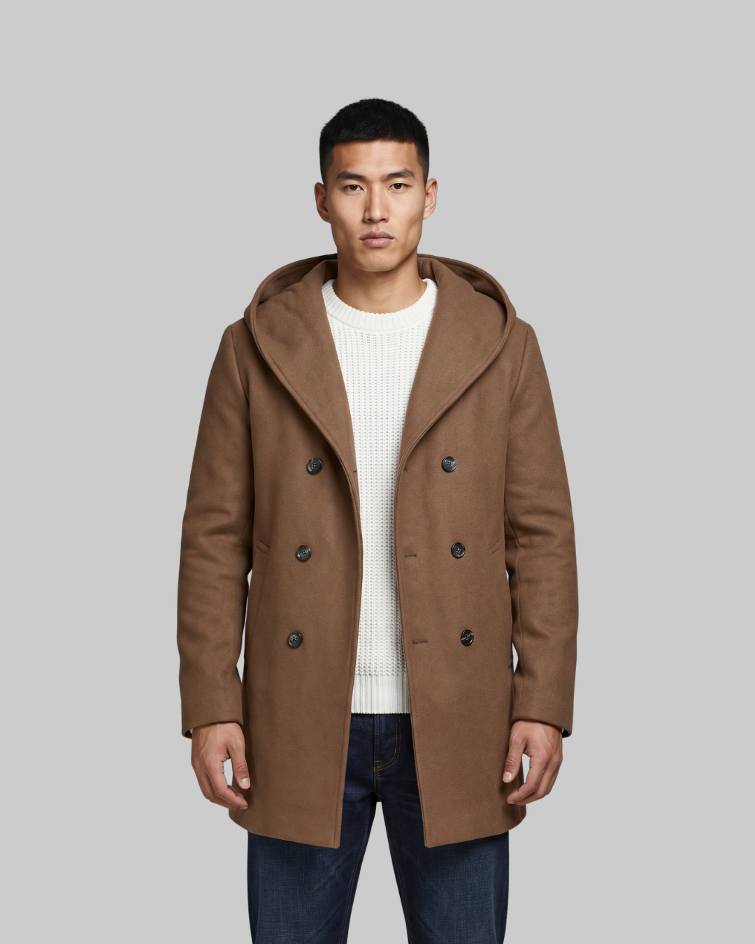 Men's Hooded Double-Breasted Coat in khaki.